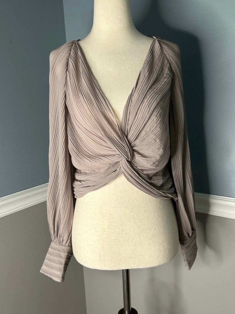 Zara Twist-Front Pleated Midi Dress - Taupe Gray